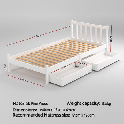 Artiss Bed Frame Single Size Wooden Platform with 2 Storage Drawers White SOFIE.