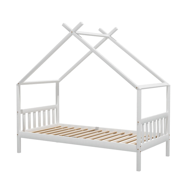 Artiss Bed Frame Wooden Base Kids Single Timber House Beds White.