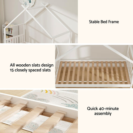 Artiss Bed Frame Wooden Base Kids Single Timber House Beds White.