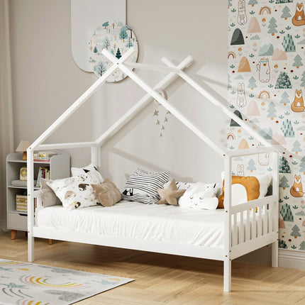 Artiss Bed Frame Wooden Base Kids Single Timber House Beds White.