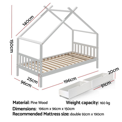 Artiss Bed Frame Wooden Base Kids Single Timber House  with 2 Storage Drawers Beds White.