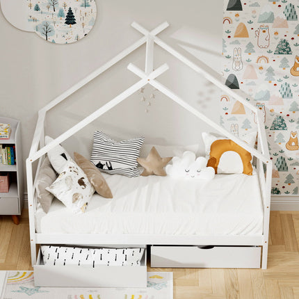 Artiss Bed Frame Wooden Base Kids Single Timber House  with 2 Storage Drawers Beds White.