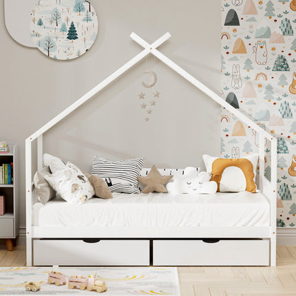 Artiss Bed Frame Wooden Base Kids Single Timber House  with 2 Storage Drawers Beds White.