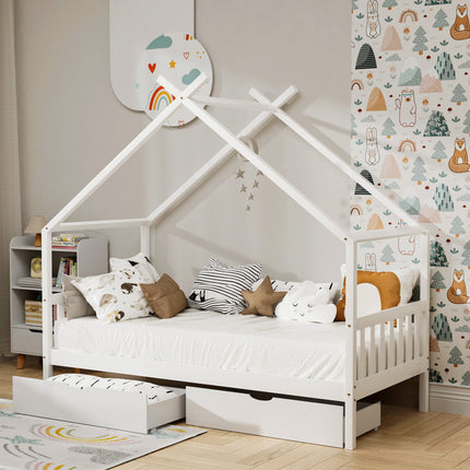 Artiss Bed Frame Wooden Base Kids Single Timber House  with 2 Storage Drawers Beds White.