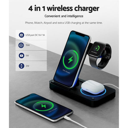Devanti 4-in-1 Wireless Charger Station Fast Charging for Phone Black.