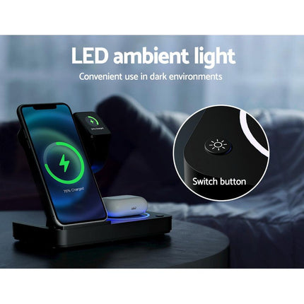 Devanti 4-in-1 Wireless Charger Station Fast Charging for Phone Black.