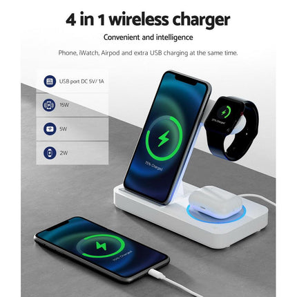 Devanti 4-in-1 Wireless Charger Dock Fast Charging for Phone White.