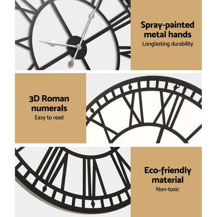 Artiss 60cm Wall Clock Large Roman Numerals Metal Black.