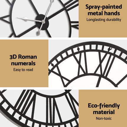 Artiss 80cm Wall Clock Large Roman Numerals Metal Black.