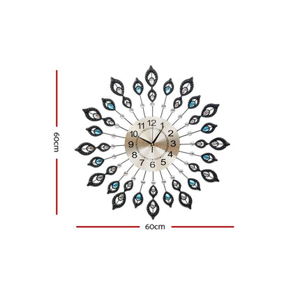 Artiss 60cm Wall Clock Large 3D Peacock Crystal Silver.