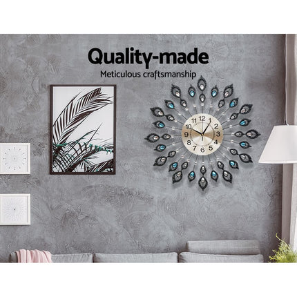 Artiss 60cm Wall Clock Large 3D Peacock Crystal Silver.