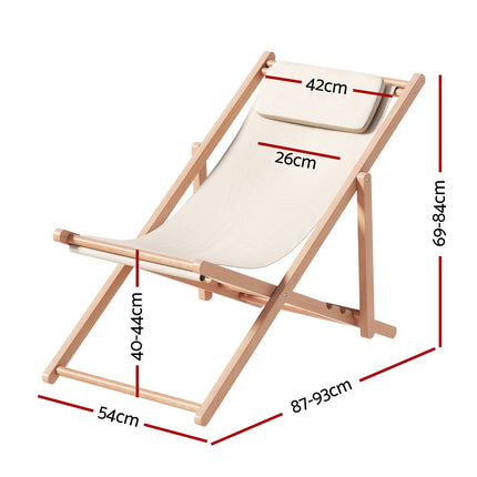 Gardeon Outdoor Deck Chair Wooden Sun Lounge Folding Beach Patio Furniture Beige.