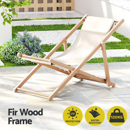 Gardeon Outdoor Deck Chair Wooden Sun Lounge Folding Beach Patio Furniture Beige.