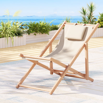 Gardeon Outdoor Deck Chair Wooden Sun Lounge Folding Beach Patio Furniture Beige.