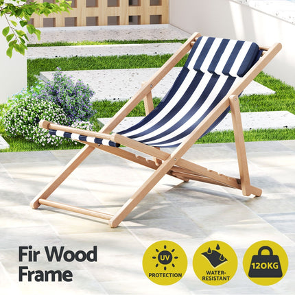 Gardeon Outdoor Deck Chair Wooden Sun Lounge Folding Beach Patio Furniture Blue.