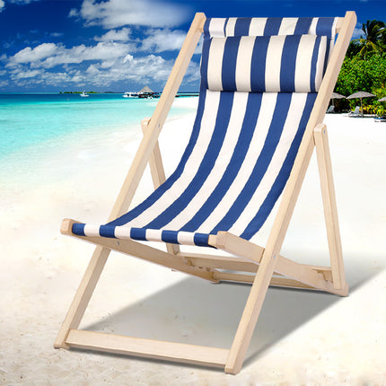 Gardeon Outdoor Deck Chair Wooden Sun Lounge Folding Beach Patio Furniture Blue.