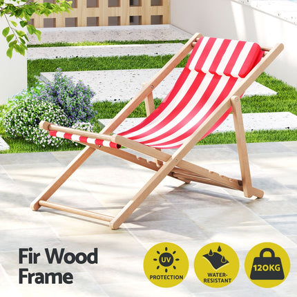 Gardeon Outdoor Deck Chair Wooden Sun Lounge Folding Beach Patio Furniture Red.
