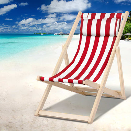 Gardeon Outdoor Deck Chair Wooden Sun Lounge Folding Beach Patio Furniture Red.