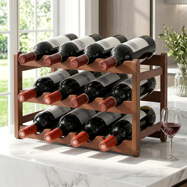 Artiss Bamboo Wine Rack 3-Tier Display Storage Organizer 12 Bottle Walnut.