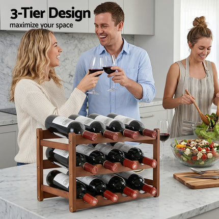 Artiss Bamboo Wine Rack 3-Tier Display Storage Organizer 12 Bottle Walnut.