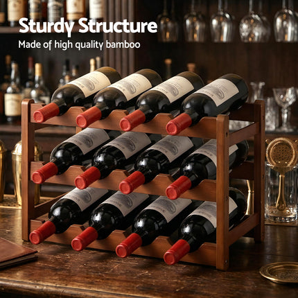Artiss Bamboo Wine Rack 3-Tier Display Storage Organizer 12 Bottle Walnut.
