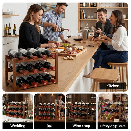Artiss Bamboo Wine Rack 3-Tier Display Storage Organizer 12 Bottle Walnut.