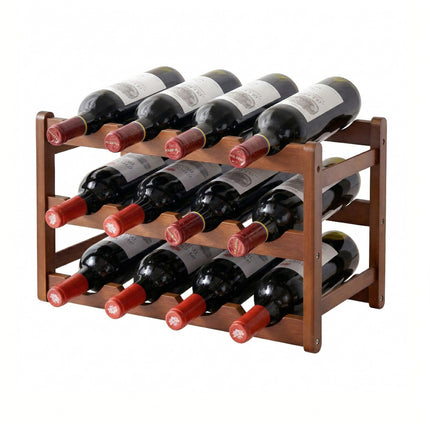 Artiss Bamboo Wine Rack 3-Tier Display Storage Organizer 12 Bottle Walnut.
