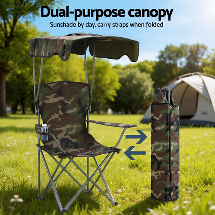 Weisshorn Camping Chair With Canopy Folding Outdoor Portable Seat Lightweight Beach Picnic Fishing Capacity 120KG Army Green.