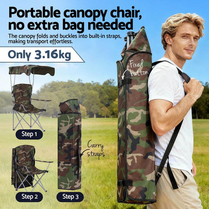 Weisshorn Camping Chair With Canopy Folding Outdoor Portable Seat Lightweight Beach Picnic Fishing Capacity 120KG Army Green.