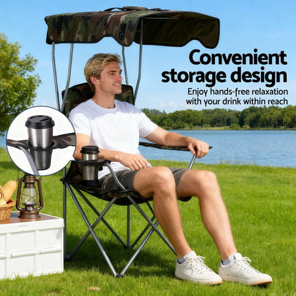 Weisshorn Camping Chair With Canopy Folding Outdoor Portable Seat Lightweight Beach Picnic Fishing Capacity 120KG Army Green.