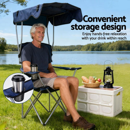 Weisshorn Camping Chair With Canopy Folding Outdoor Portable Seat Lightweight Beach Picnic Fishing Capacity 120KG Navy Blue.