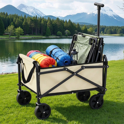 Gardeon Garden Cart Folding Trolley Camping Wagon Barrow Outdoor Beach Beige.