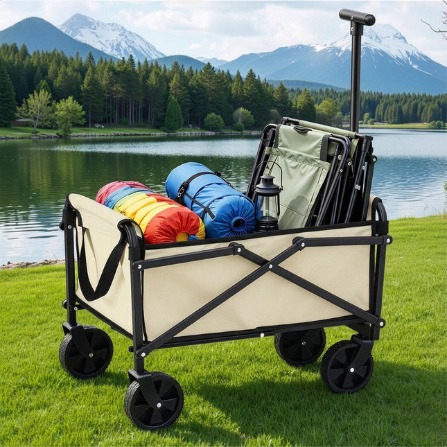 Gardeon Garden Cart Folding Trolley Camping Wagon Barrow Outdoor Beach Beige.