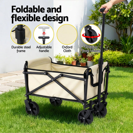 Gardeon Garden Cart Folding Trolley Camping Wagon Barrow Outdoor Beach Beige.