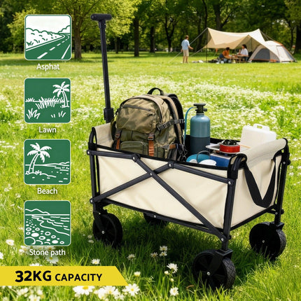 Gardeon Garden Cart Folding Trolley Camping Wagon Barrow Outdoor Beach Beige.