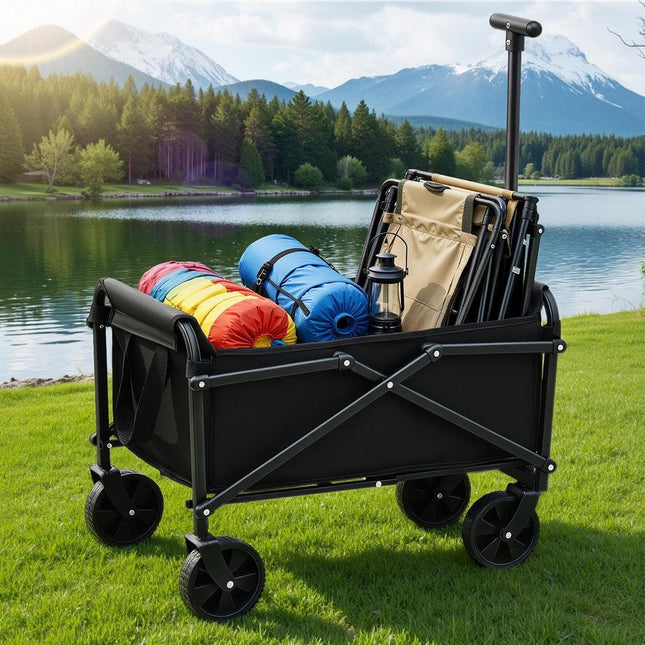 Gardeon Garden Cart Folding Trolley Camping Wagon Barrow Outdoor Beach Black.