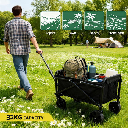 Gardeon Garden Cart Folding Trolley Camping Wagon Barrow Outdoor Beach Black.