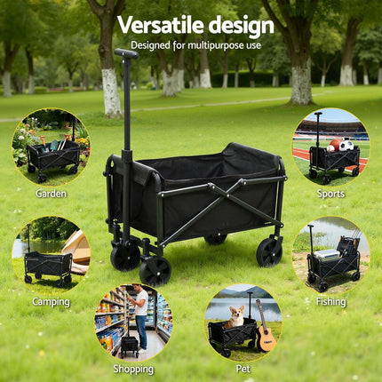 Gardeon Garden Cart Folding Trolley Camping Wagon Barrow Outdoor Beach Black.