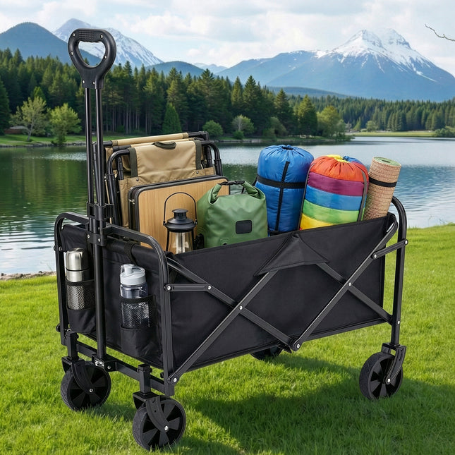 Gardeon Garden Cart Folding Trolley Camping Wagon Barrow Outdoor Beach Black.