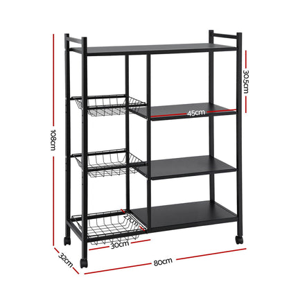 Artiss 4-Tier Kitchen Rack Microwave Bakers Storage Shelf with 3 Baskets Wheels.
