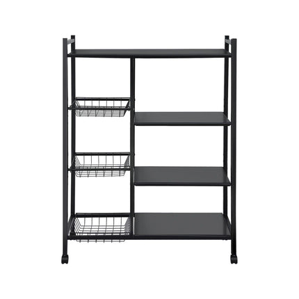 Artiss 4-Tier Kitchen Rack Microwave Bakers Storage Shelf with 3 Baskets Wheels.