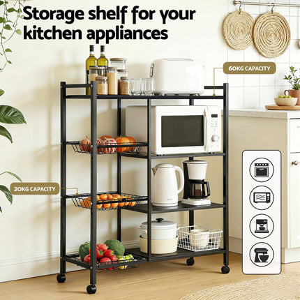 Artiss 4-Tier Kitchen Rack Microwave Bakers Storage Shelf with 3 Baskets Wheels.
