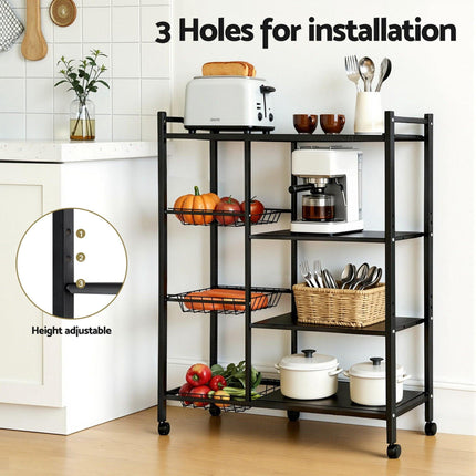 Artiss 4-Tier Kitchen Rack Microwave Bakers Storage Shelf with 3 Baskets Wheels.