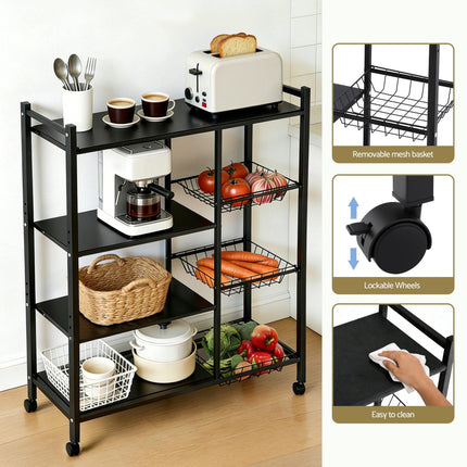 Artiss 4-Tier Kitchen Rack Microwave Bakers Storage Shelf with 3 Baskets Wheels.