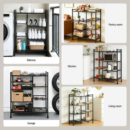 Artiss 4-Tier Kitchen Rack Microwave Bakers Storage Shelf with 3 Baskets Wheels.