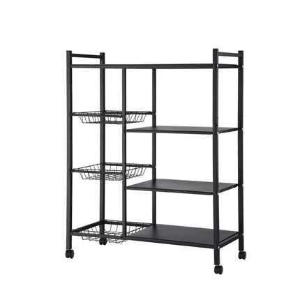Artiss 4-Tier Kitchen Rack Microwave Bakers Storage Shelf with 3 Baskets Wheels.