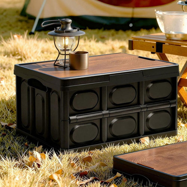 Gardeon Collapsible Outdoor Storage Box 50L Stackable Folding Camping Organizer Plywood Lid Black.