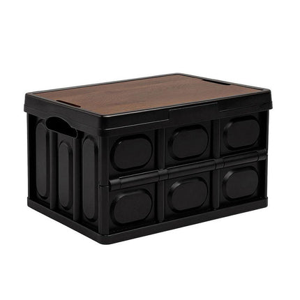 Gardeon Collapsible Outdoor Storage Box 50L Stackable Folding Camping Organizer Plywood Lid Black.