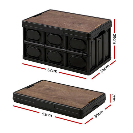 Gardeon Collapsible Outdoor Storage Box 50L Stackable Folding Camping Organizer Plywood Lid Black.
