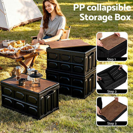Gardeon Collapsible Outdoor Storage Box 50L Stackable Folding Camping Organizer Plywood Lid Black.